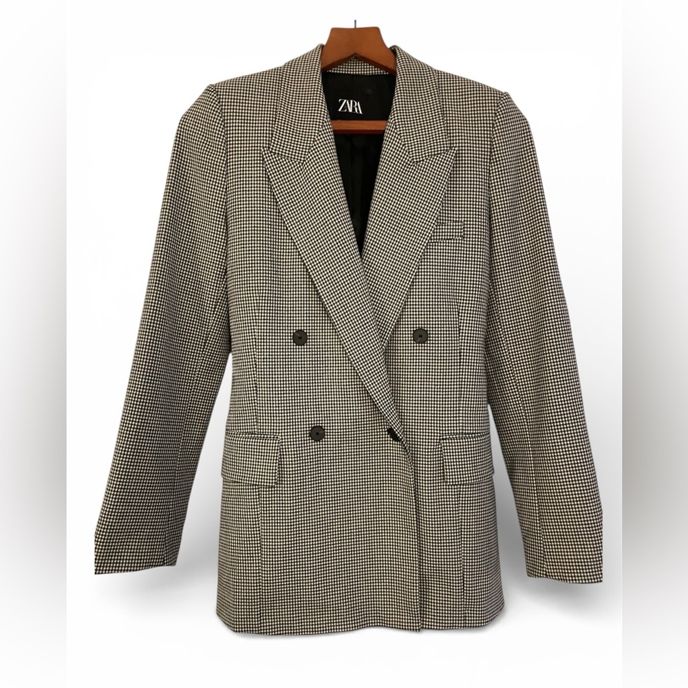 Zara Black and White Double Breasted Houndstooth Blazer Size XS